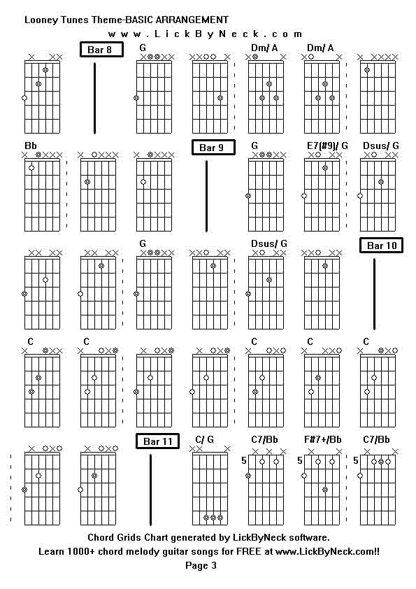 Chord Grids Chart of chord melody fingerstyle guitar song-Looney Tunes Theme-BASIC ARRANGEMENT,generated by LickByNeck software.